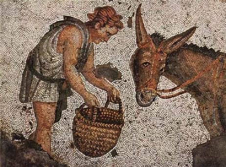 Mosaïque Byzantine du 5ème siècle, enfant nourrissant un âne.